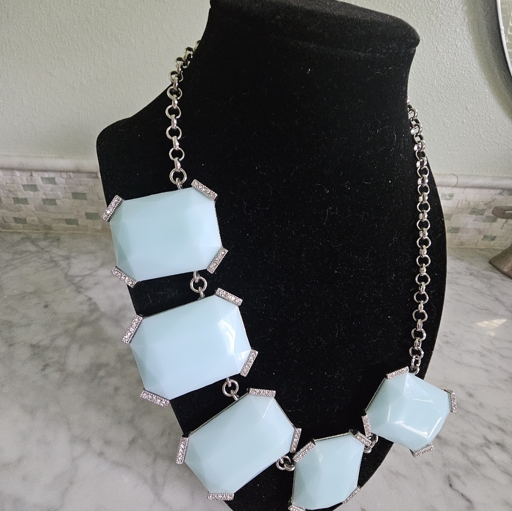 Nwot Banana Republic Blue glass Square Statement Necklace with Rhinestones - Picture 6 of 16